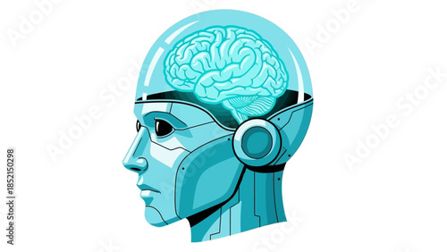Conceptual illustration of a robotic head featuring a glowing human brain, embodying artificial intelligence, machine learning, and the future of cognitive computing