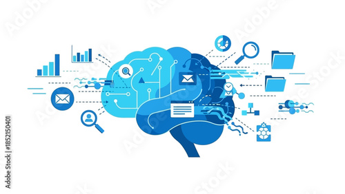 Digital Brain Concept Illustrating Artificial Intelligence, Data Processing, and Machine Learning with Flowing Information and Analytical Icons for Modern Technology