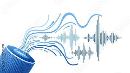 Voice-activated smart device projecting intricate sound waves and digital data streams, symbolizing advanced artificial intelligence communication and audio recognition technology