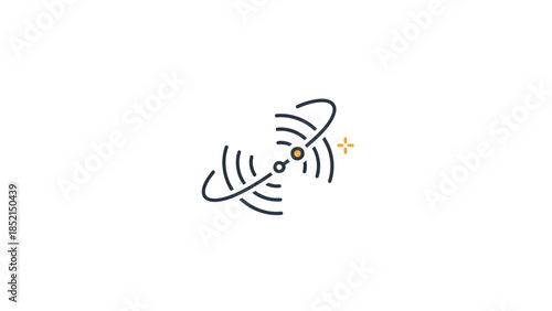 A minimalist line art icon depicting radiating signals and orbiting elements, symbolizing technology or communication.