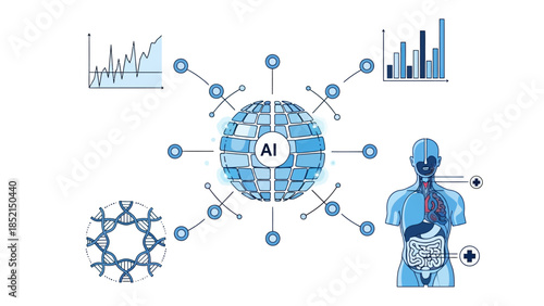 Artificial intelligence globe connecting various data points, including medical anatomy, DNA, and statistical charts.