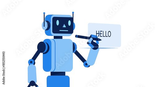 A friendly blue cartoon robot holding a pen and a speech bubble displaying 'HELLO', symbolizing AI communication.