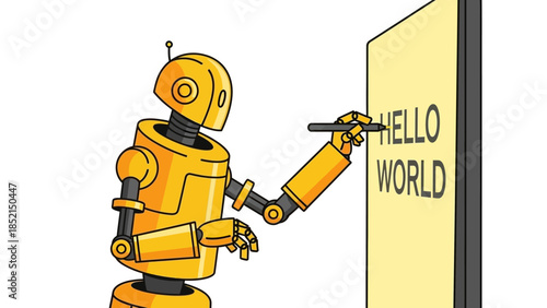 A yellow robot with an antenna writing "HELLO WORLD" on a vertical screen using a stylus.