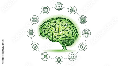 Conceptual green artificial intelligence brain, central to a global network of technology icons, symbolizing innovation, smart solutions, and future digital integration