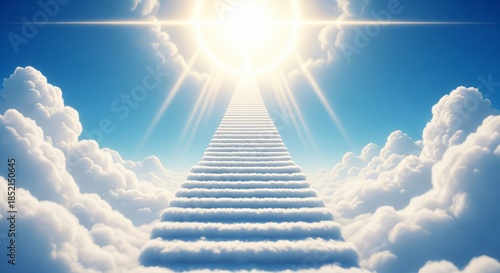 Stairway to Heaven made of White Clouds Leading to Bright Light in Blue Sky Represents Way to Paradise, Success Goal, and Spiritual Journey