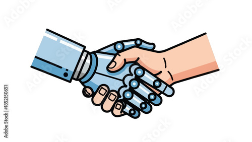 Symbolic handshake between human and robot hands, representing the future of artificial intelligence collaboration and technological partnership for innovation and progress