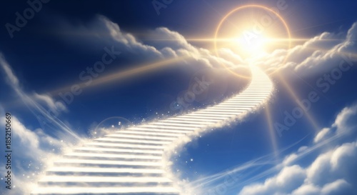 Stairway to Heaven made of White Clouds Leading to Bright Light in Blue Sky Represents Way to Paradise, Success Goal, and Spiritual Journey
