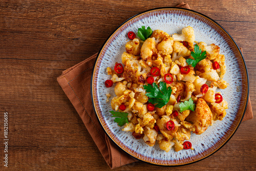 spicy fried cauliflower served on a wooden countertop,