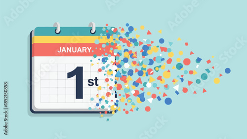 Vibrant January 1st calendar page with colorful confetti explosion