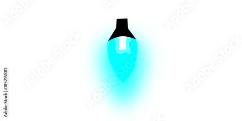 A single glowing cyan blue light bulb with a black base, emitting light against a pure white background, resembling a decorative or Christmas light.