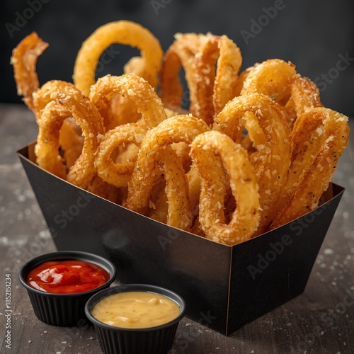 onion rings, fried chicken nuggets, chicken nuggets with french fries