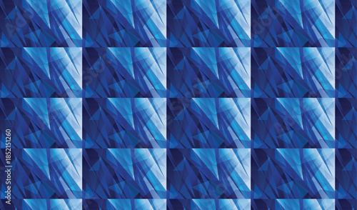 Abstract geometric pattern in shades of blue and white, seamless tiling with dynamic light and shadow creating a textured, futuristic visual effect, modern digital art