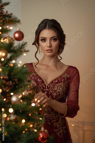 a beautiful girl next to a Christmas tree