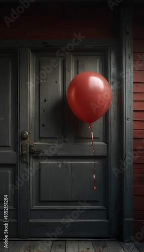old door, dark door, red ball on the background of a dark door