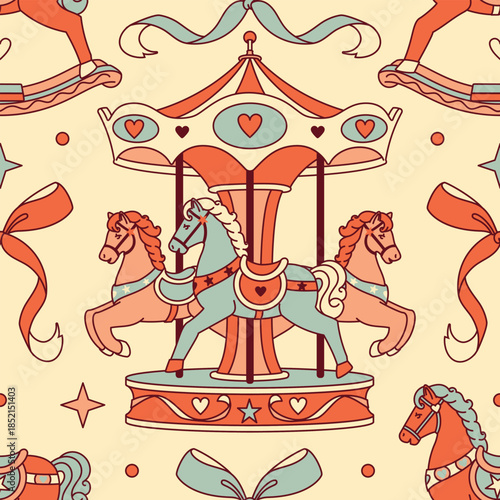 A vintage seamless pattern of carousel horses and rocking horses in a coquette core color palette. A playful and childish background for amusement park themes