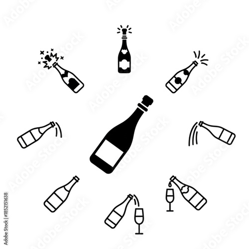 Celebratory champagne bottles and glasses in black and white