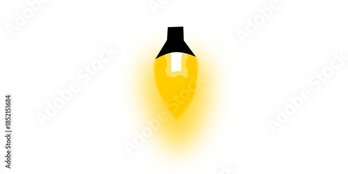 A single yellow glowing light bulb with a black base on a white background, emitting a warm light.