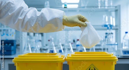 Gloved hand disposing waste in laboratory with yellow biohazard bins