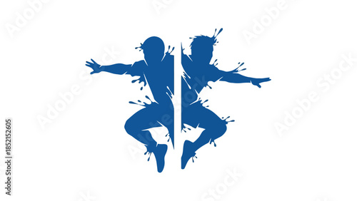 Abstract Blue Paint Splash Silhouettes of Two Jumping People on Isolated White Background