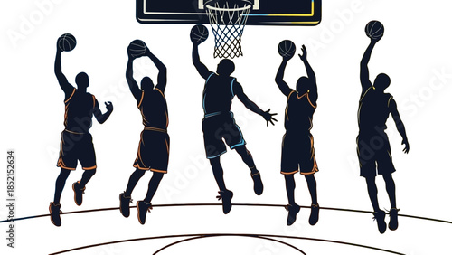 Basketball Players Silhouettes Dunking and Shooting with Hoop on Isolated White Background