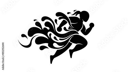 Abstract Swimmer Silhouette with Fluid Water Splashes on Isolated White Background