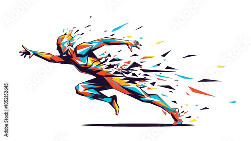 Abstract Geometric Colorful Runner in Explosive Motion on Isolated White Background