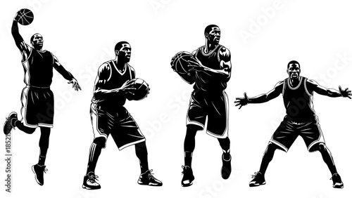 Detailed Basketball Players Silhouettes in Various Poses on Isolated White Background