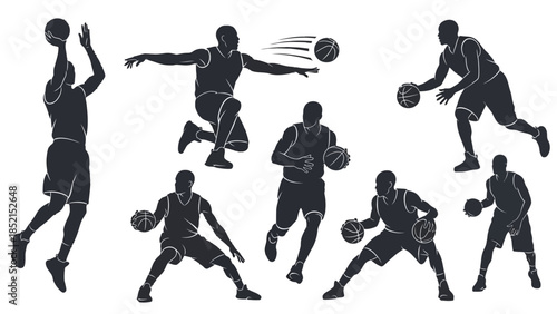 Dynamic Basketball Player Silhouettes Collection on Isolated White Background