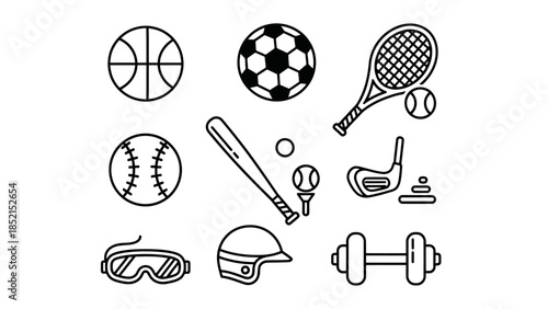 Outline Sports Equipment Icons Set in Line Art Style on Isolated White Background