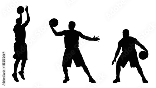 Dynamic silhouettes of three male basketball players shooting, passing, and defending on an isolated white background.