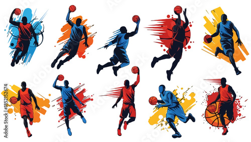 Vibrant collection of male basketball player silhouettes in various action poses with colorful splash effects on an isolated white background.