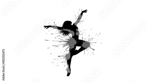 Graceful silhouette of a female dancer with expressive movement surrounded by black and grey paint splatters on an isolated white background.