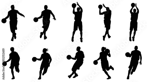 Diverse collection of silhouettes of male and female basketball players in action poses on an isolated white background.