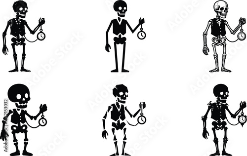 Skeleton silhouette characters set, spooky gothic skull figures holding pocket watches vector
