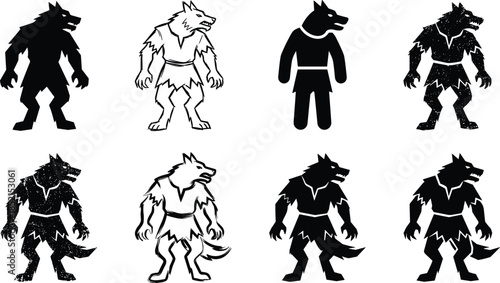 Werewolf silhouette characters set, ferocious wolfman monsters in multiple vector illustration styles