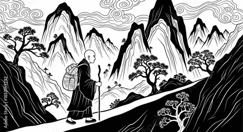 Monks Journey: A Solitary Figure Amidst Majestic Mountains.