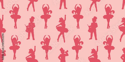 A tender coquette core horizontal seamless background with a soft pink Nutcracker ballet aesthetic featuring soldiers and princesses.