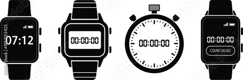 Black silhouette icons of smartwatches and stopwatch displaying time and countdown timepiece clock