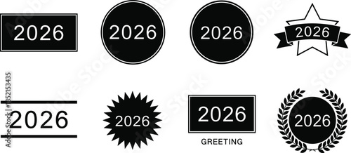 Collection of Black 2026 Year Icons and Symbols on White Background Keywords: 2026, year, new year, celebration, icon, symbol