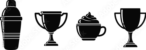 Collection of black silhouette icons for cocktail shaker, trophy cup, and coffee mug bartender mixology