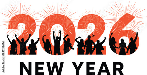 New Year 2026 Celebration with Silhouetted People and Sunbursts party