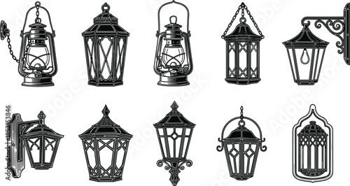 Ten Black Vintage Lantern and Lamp Icons on White Background Keywords: lantern, lamp, light, vintage, retro, antique, old