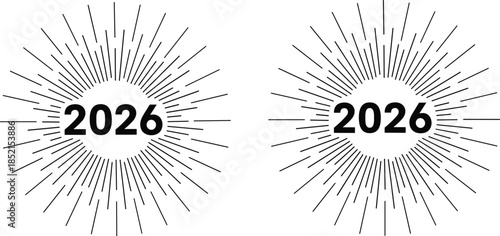 Two black sunburst emblems with the year 2026 on white background Keywords: 2026, sunburst, rays, starburst, explosion, burst