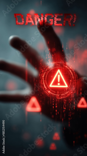 Human hand reaching toward digital red alert danger icon. Concept of cyber security, system hacks, data breaches, financial threats, and identity theft in a high-risk tech space. 