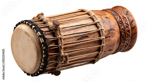 Senegalese sabar drum with rope-tuned skin and carved wood body, isolated on a white background