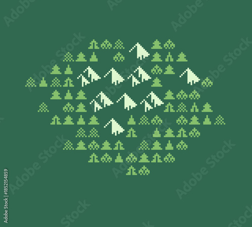 Pixel forest background with tiny trees in retro green palette, seamless look for game map, level design, RPG over world, nature screen and nostalgic Game Boy style pixel environment.
