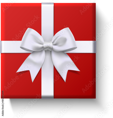 A festive red gift box with a white ribbon and bow