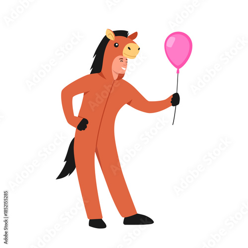 Vector illustration of a young man at a costume party. Cartoon scene with a smiling man dressed in a horse costume holding a pink balloon isolated on a white background. Cosplay, performance.
