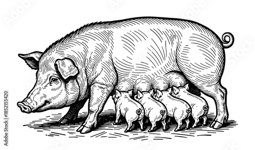 Baby Pigs Suckling Milk From Their Mother in black and white