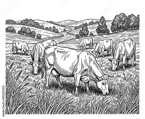 Cows grazing in woodcut style in black and white